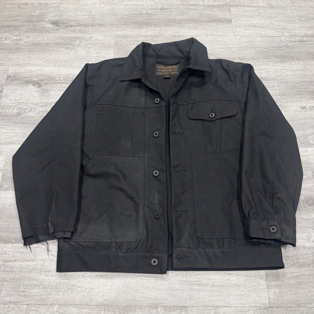 Filson Tin Cloth Cruiser Jacket Men Large Long Black Waxed Cotton Work Coat REQD